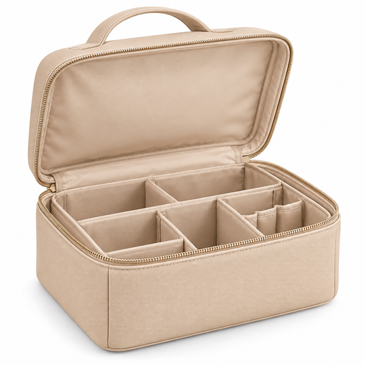 Make-uptas met vaste vakverdeling en handgreep - Beige