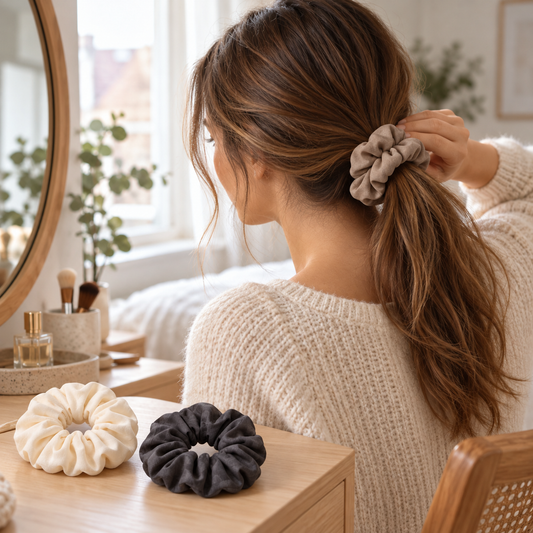 Set van 3 stoffen scrunchies - Crème, taupe en antraciet