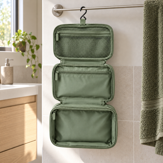 Hangende toilettas met drie ritsvakken - Saliegroen