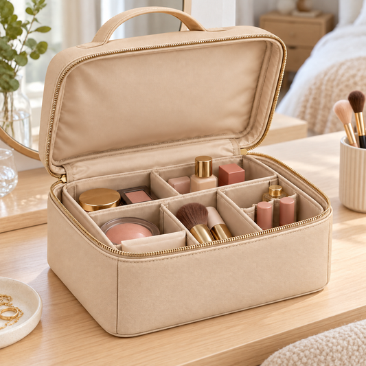 Make-uptas met vaste vakverdeling en handgreep - Beige