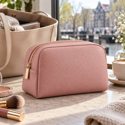Compact make-uptasje van PU met rits - Oudroze