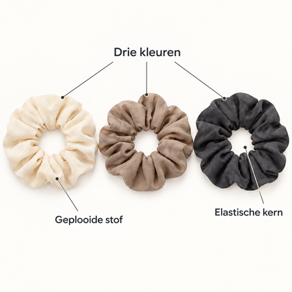 Set van 3 stoffen scrunchies - Crème, taupe en antraciet