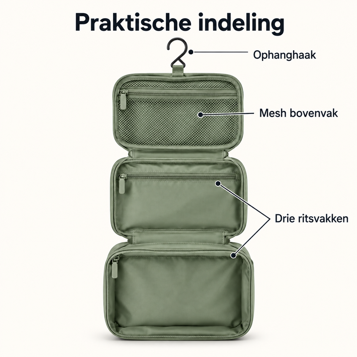 Hangende toilettas met drie ritsvakken - Saliegroen