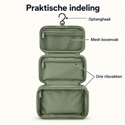 Hangende toilettas met drie ritsvakken - Saliegroen