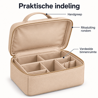 Make-uptas met vaste vakverdeling en handgreep - Beige