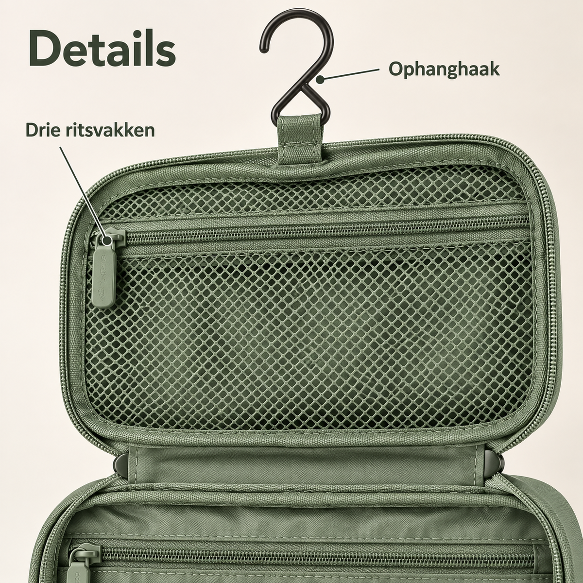 Hangende toilettas met drie ritsvakken - Saliegroen