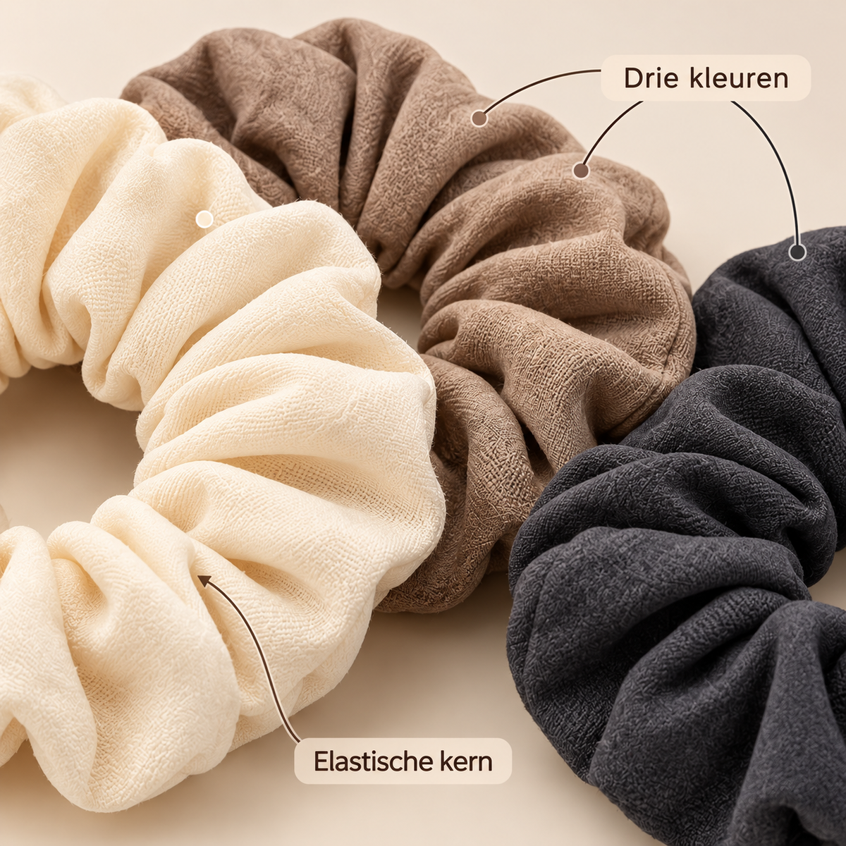 Set van 3 stoffen scrunchies - Crème, taupe en antraciet