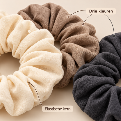 Set van 3 stoffen scrunchies - Crème, taupe en antraciet
